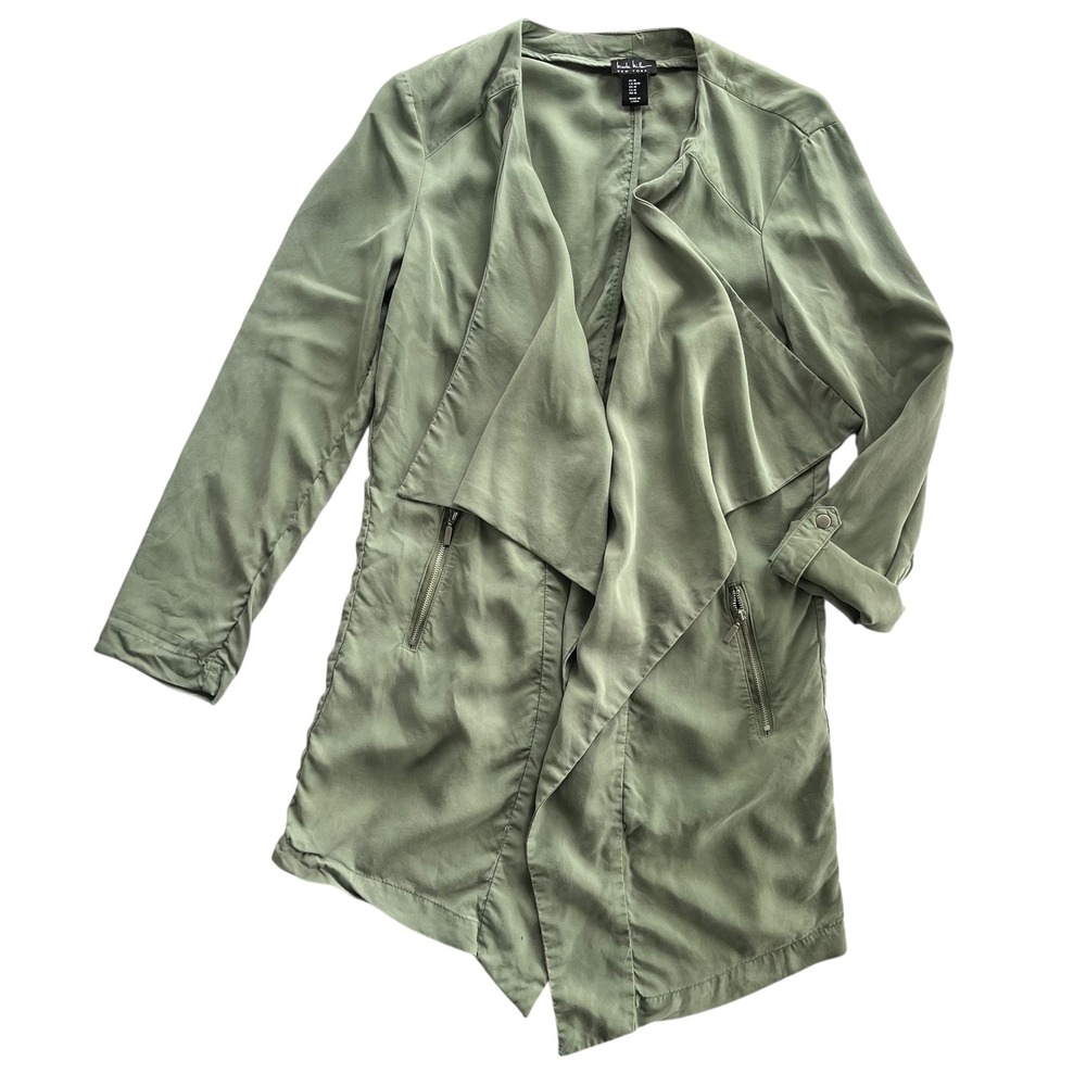 Nicole Miller New York Women's M Olive Green Tencel Drape Open Front Jacket Chic